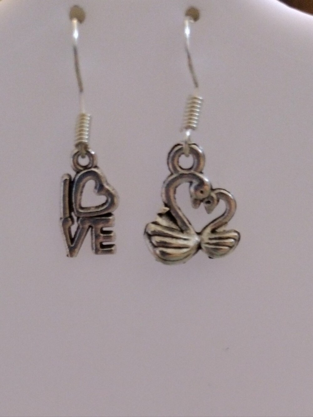 5/$15 - Silver Tone Love & Swan Dangle Earrings - Women's Jewelry